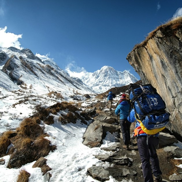 a group of people climbing up a mountain